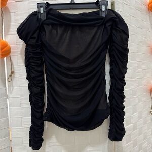 Elegant Black Ruched Women's Off The Shoulder Long Sleeve Top